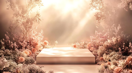3d render of podium for product display with spring flowers and sunlightの写真素材