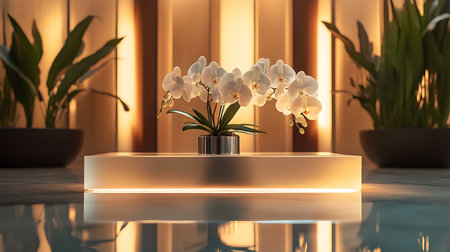 White orchids in a vase on the table. 3d renderingの写真素材