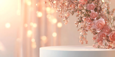 White podium with pink flowers and bokeh background. 3d renderingの写真素材