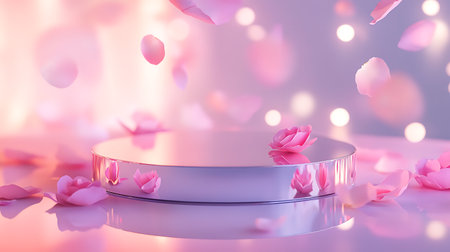 3d render podium with rose petals and bokeh backgroundの写真素材