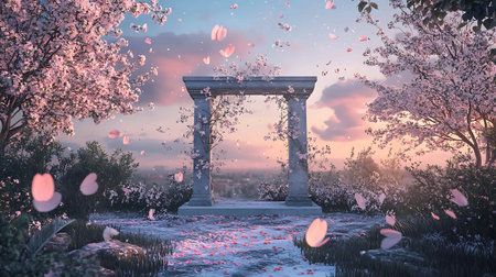 3d render of arch in the garden with cherry blossoms.の写真素材