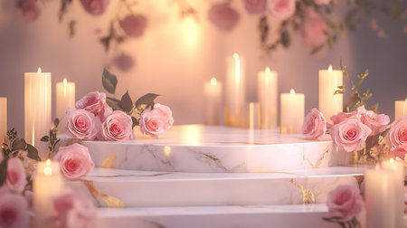 Wedding table decoration with roses and candles. 3d renderingの写真素材