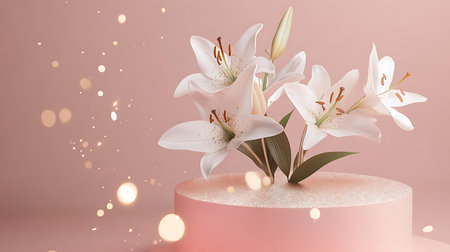 White lily flowers on pastel pink background. 3d renderingの写真素材