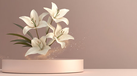 3d render of white lily flower on pedestal, abstract background.の写真素材