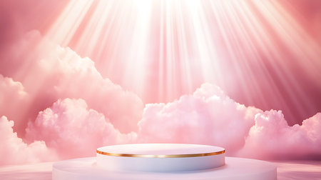 3d render of white podium on the background of the sky with cloudsの写真素材