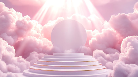 3d render of white podium in the sky with clouds and sunの写真素材