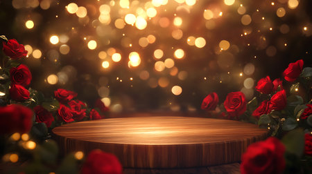 Wooden stage with red roses on bokeh background. 3d renderの写真素材