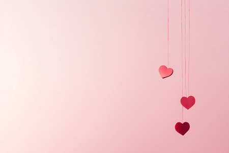 Hearts hanging on a rope against a pink sky. Valentines day backgroundの写真素材