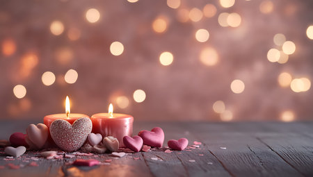 Valentine's Day background with hearts and candles on wooden tableの写真素材