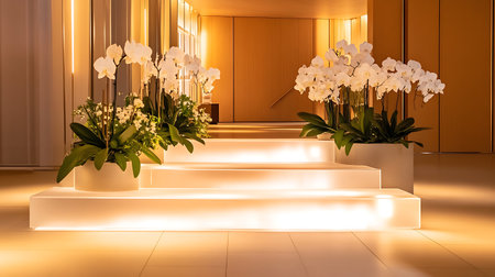 Hallway decorated with white orchids. 3d rendering.の写真素材