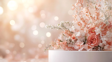 Flower bouquet in white vase on bokeh backgroundの写真素材
