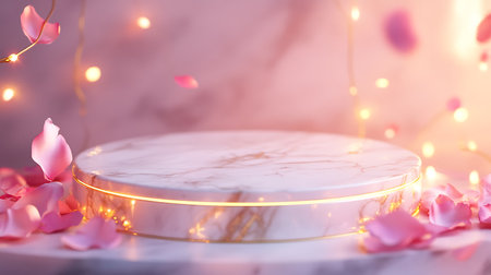 White marble podium with pink rose petals and bokeh lightsの写真素材