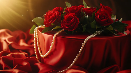 Red roses with pearls on a red background. Valentine's Dayの写真素材