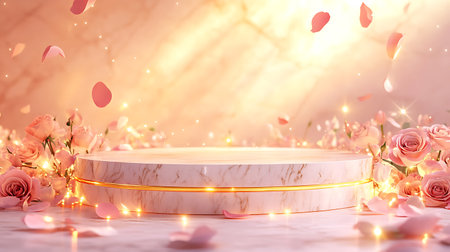 Cylindrical podium with rose petals and bokeh background. 3d renderingの写真素材