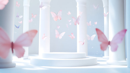 3d render, abstract background, white podium with pink butterflies, minimal designの写真素材