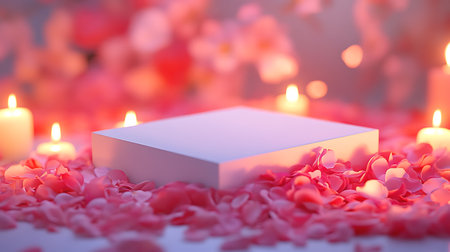 Romantic scene with candles and rose petals, 3d renderの写真素材