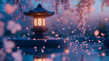 Lantern with cherry blossoms in the garden at sunset.の写真素材