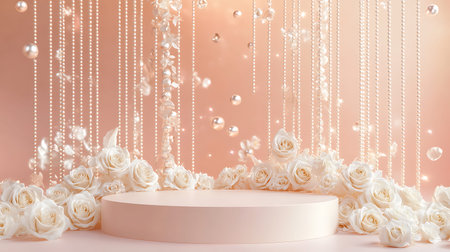 3d render, beige podium with white roses on pink backgroundの写真素材