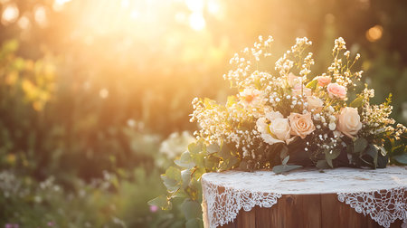 Bouquet of flowers on a wooden table in the garden.の写真素材