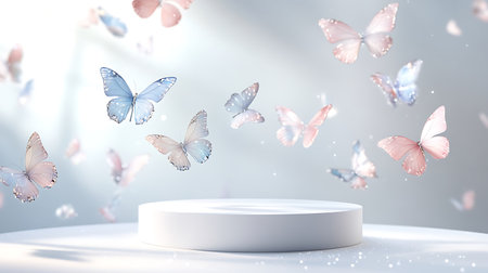 3d render, abstract background, white podium, flying butterflies, pastel colorsの写真素材