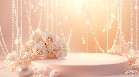 3d render of white rose and pearls background for product displayの写真素材