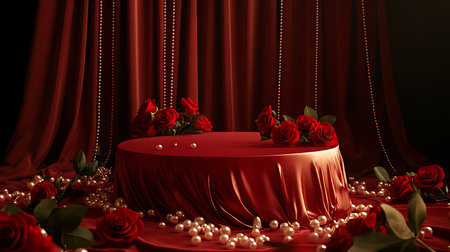 3d render of red velvet table with red roses and pearlsの写真素材