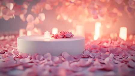 Romantic background with candles and pink rose petals. Valentines day conceptの写真素材