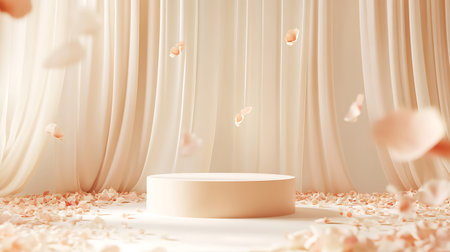 3d render, abstract minimal scene with podium, petals and curtainsの写真素材