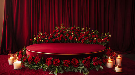 3d render of stage with red velvet curtain and red roses.の素材