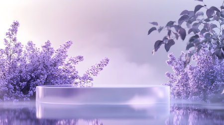 3d render, abstract background with purple flowers, podium for product displayの素材