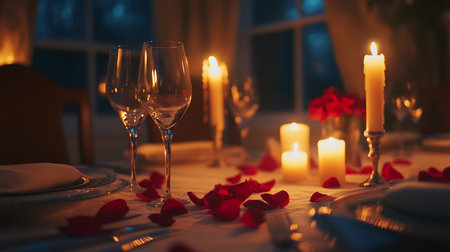 Romantic table setting with candles and rose petals. Selective focusの写真素材