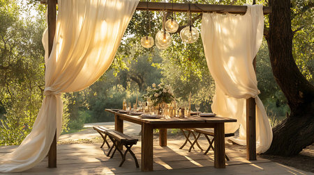 Wedding ceremony in the forest. Wooden table and chairs on the terraceの写真素材