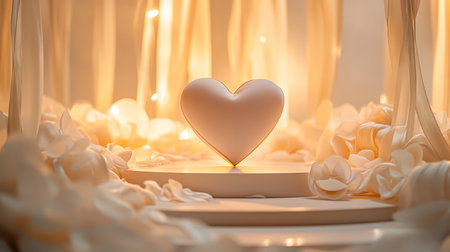 Valentine's day background with heart and white flowers on the tableの写真素材
