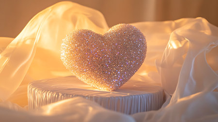 Glitter heart shape on white gift box with golden fabric background.の写真素材