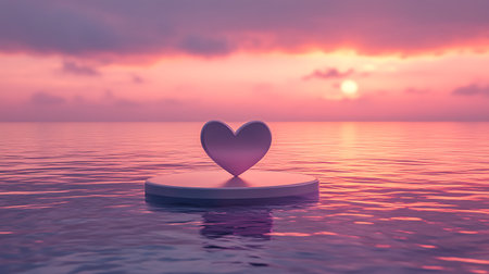 3d render of heart on a podium in the sea at sunsetの写真素材
