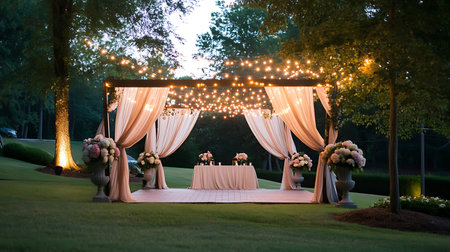 Wedding arch decorated with candles and flowers in the garden.の写真素材