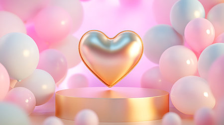 Valentine's Day background with golden heart and balloons. 3d renderingの写真素材