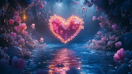 Valentines day background with heart and light. 3d renderingの写真素材
