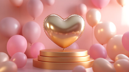 Valentine's day background with golden heart and pink balloons. 3d renderingの写真素材
