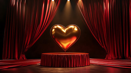 Valentine's Day background with red curtain and golden heart. 3d renderingの写真素材