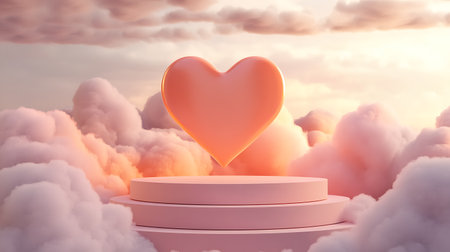 3d rendering of valentines day background with heart and cloudsの写真素材