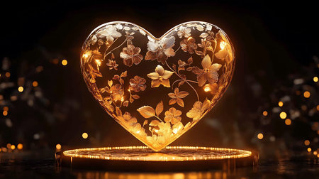 Beautiful heart made of glass on a dark background with bokehの写真素材