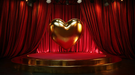 Valentine's day background with golden heart and red curtains. 3D renderingの写真素材