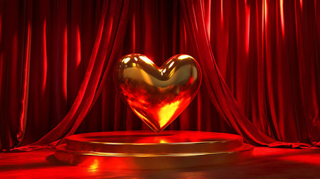 Golden heart on red curtain background. Valentine's day concept. 3D renderingの写真素材