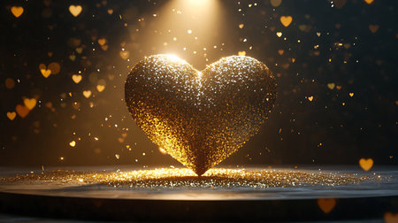 Golden heart on a dark background with bokeh effect. 3d renderingの写真素材