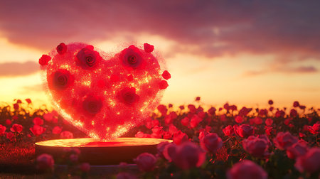 Red heart on the flower field at sunset. Valentine's day conceptの写真素材