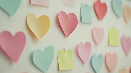 Colorful paper hearts on the wall. Valentine's day concept.の写真素材