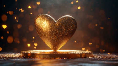 Valentine's day background with golden heart and bokeh lightsの写真素材
