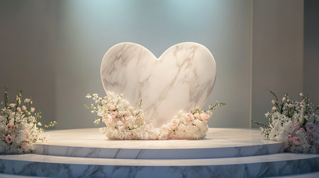 3D rendering of a white marble heart with flowers on the tableの写真素材