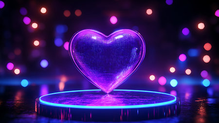 Neon heart with bokeh background. Valentine's day concept. 3D Renderingの写真素材
